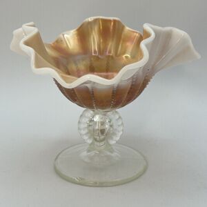 Antique Dugan Opal Open Beaded Panel Peach Opalescent Carnival Glass Compote 5"